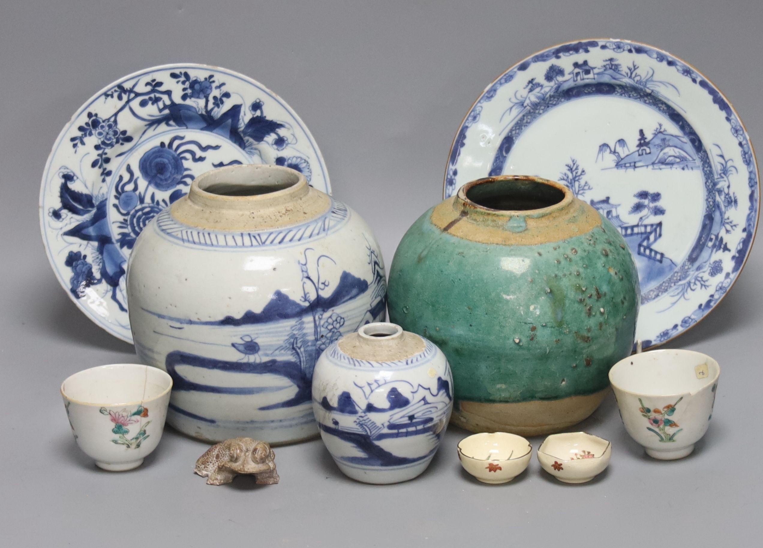 A Chinese blue and white porcelain jar, a similar smaller jar and sundry items